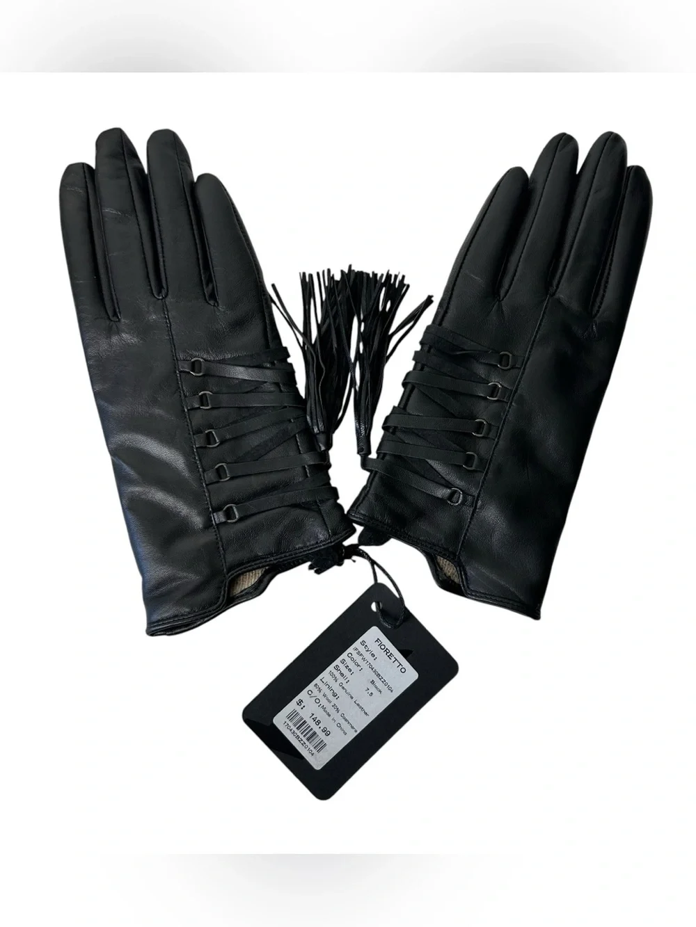FIORETTO Women 7.5 Black Leather Lace Up Tassels Wool Cashmere Leather Gloves.